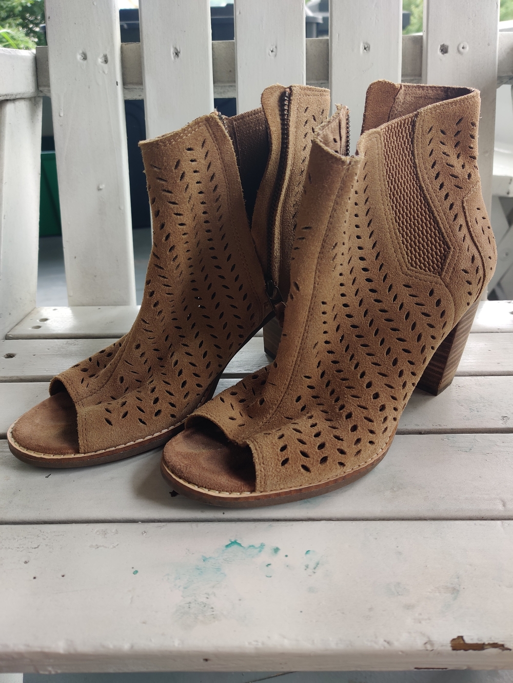 Tom's Women's Tan Suede Peep-Toe Perforated Ankle Booties